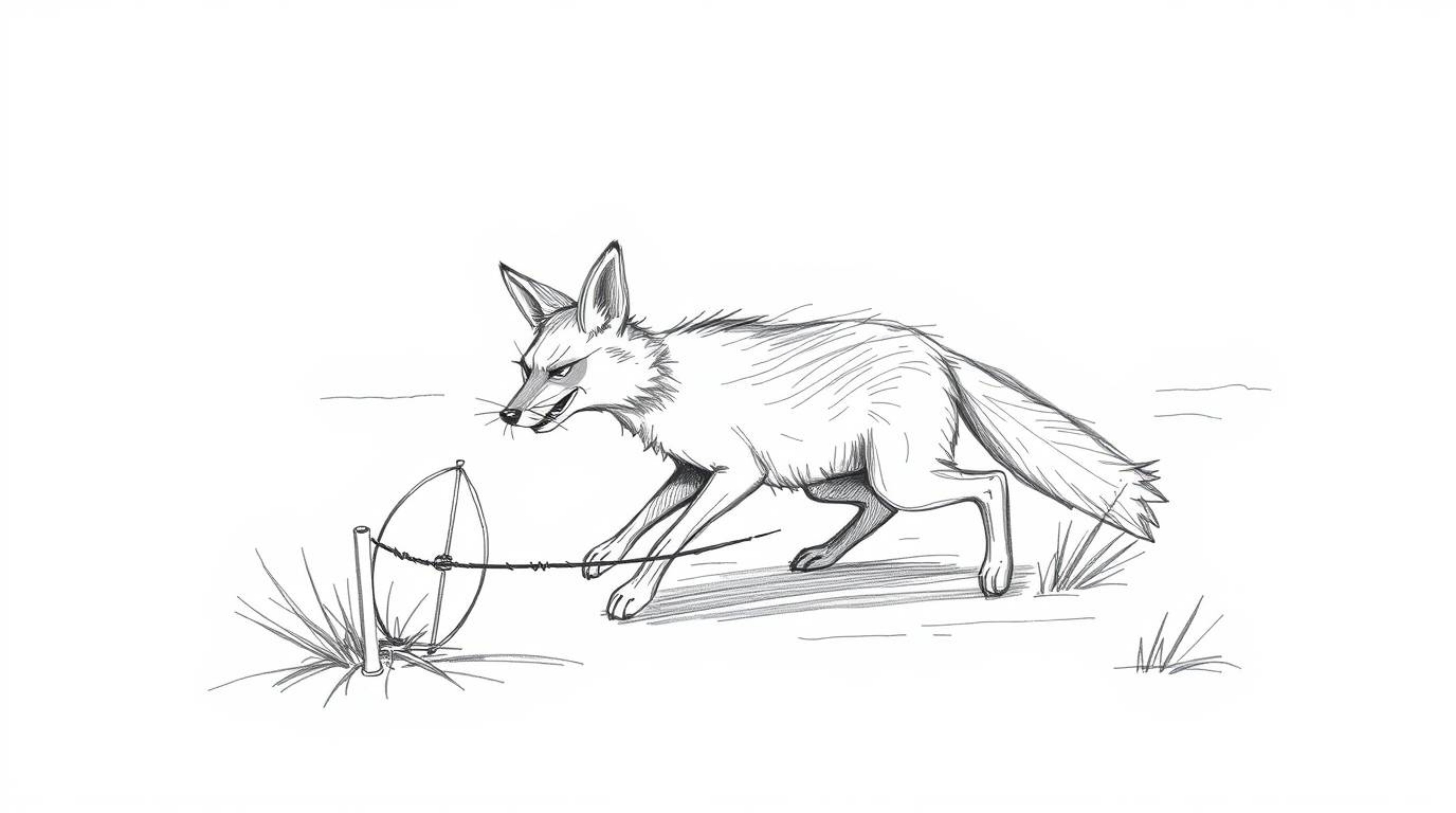 A dynamic hand-drawn sketch depicts a coyote setting up a ridiculous trap in the desert. The artwork features rough, textured