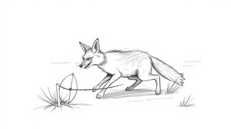A dynamic hand-drawn sketch depicts a coyote setting up a ridiculous trap in the desert. The artwork features rough, textured