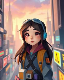 Discover a young, inventive girl navigating a vibrant futuristic city. This artwork boasts an intricate origami style reminis