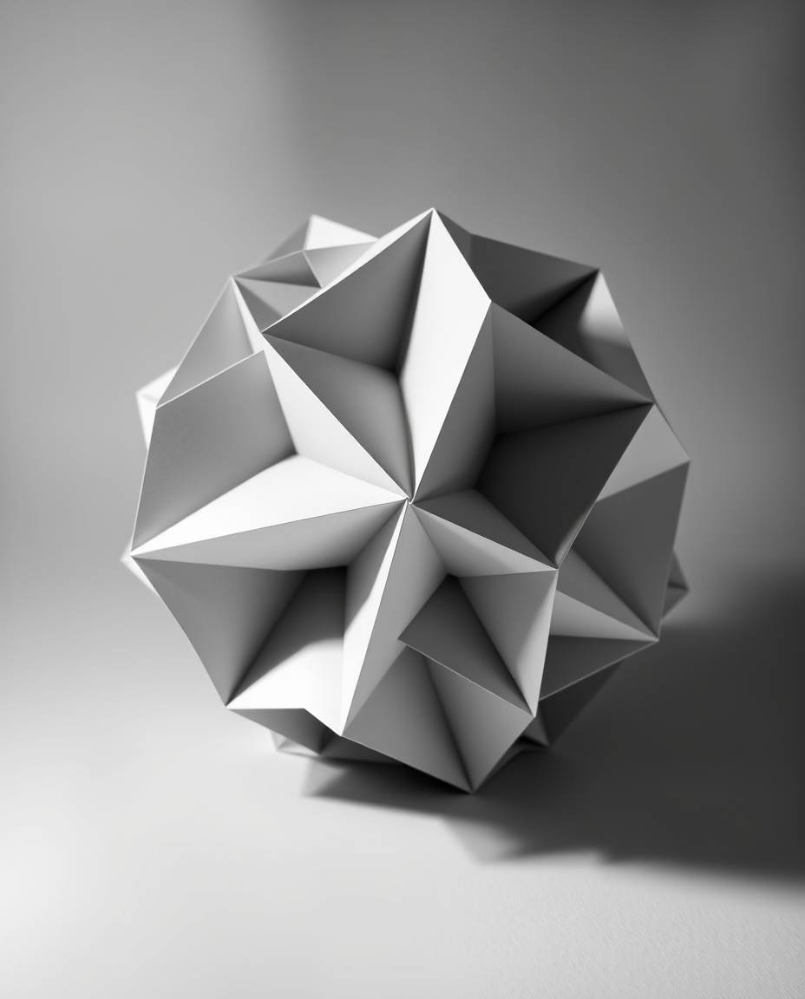 A captivating monochrome long-exposure photograph showcases a dynamic 3D geometric pattern reminiscent of folded paper.  Blur