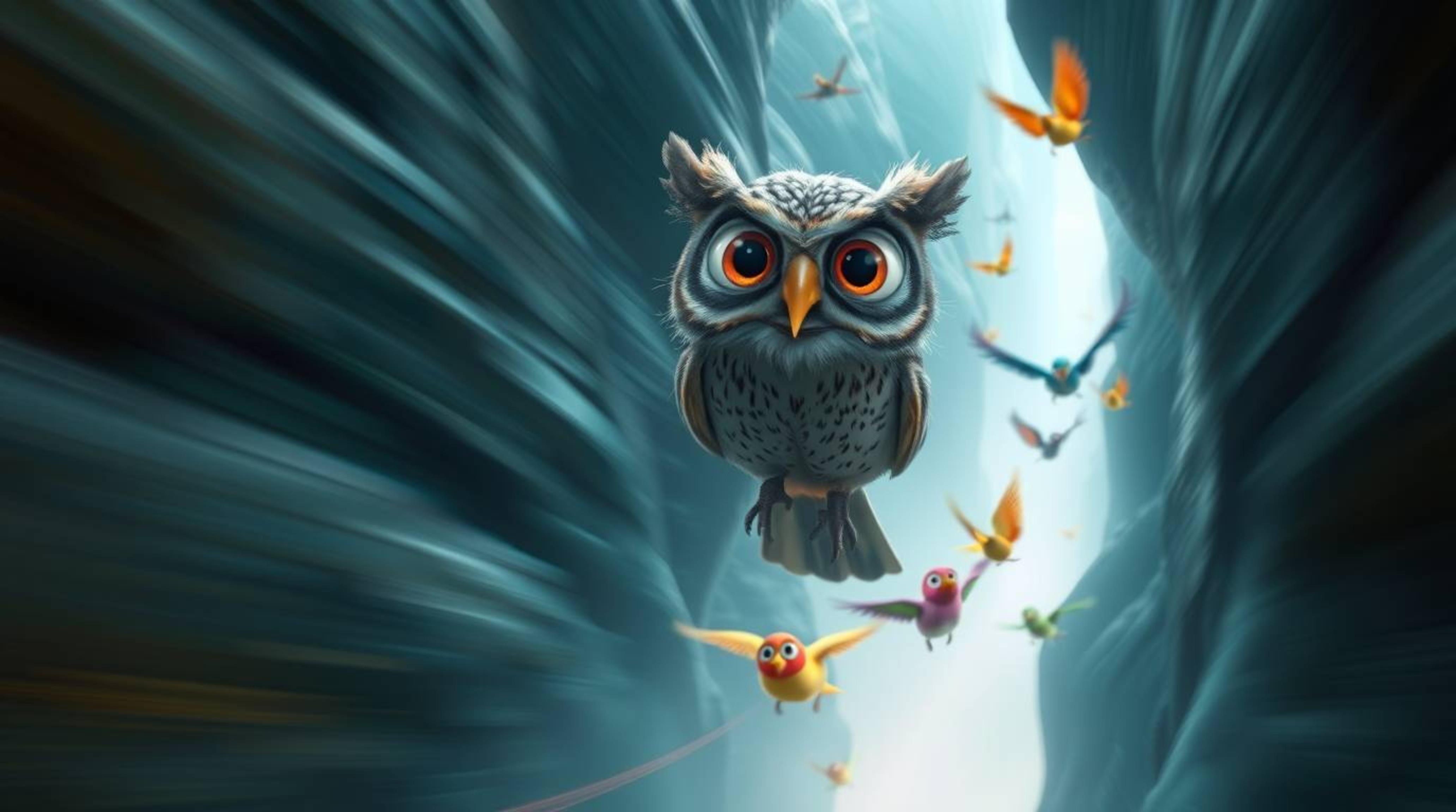 This stunning long exposure photograph is filled with a mystical and joyful energy, featuring a blind owl rendered in a heart