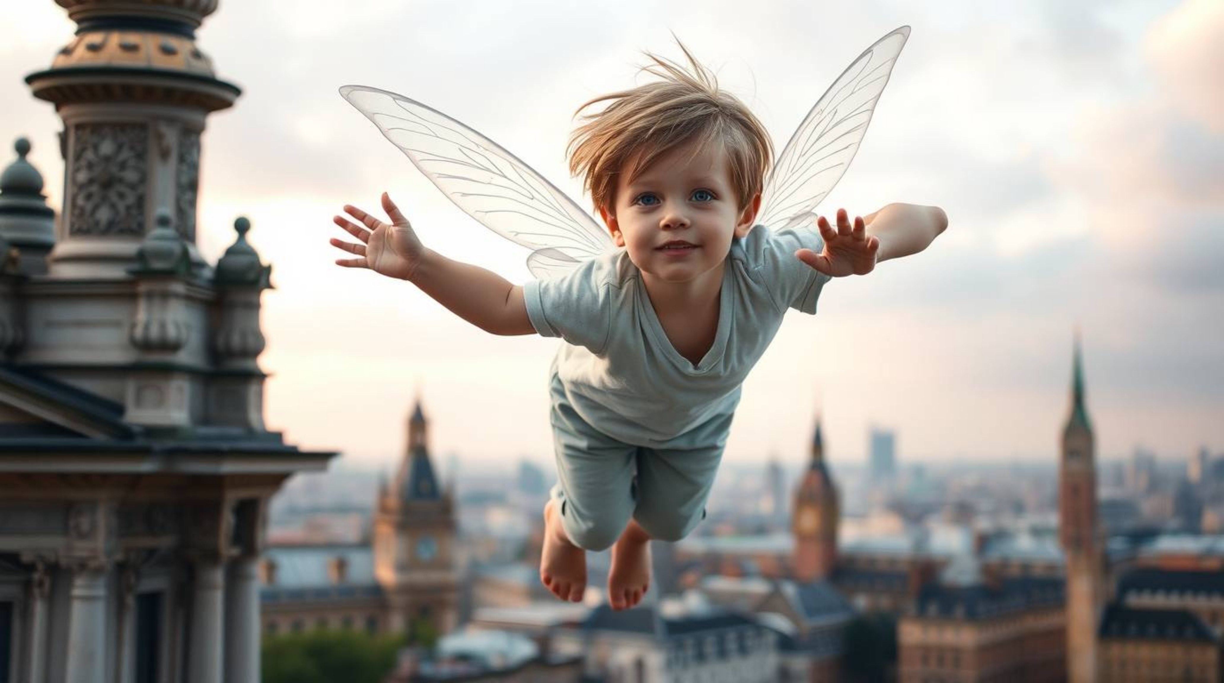 Immerse yourself in a whimsical scene of soft pastel colors featuring a young boy sprinkled with pixie dust, gracefully flyin