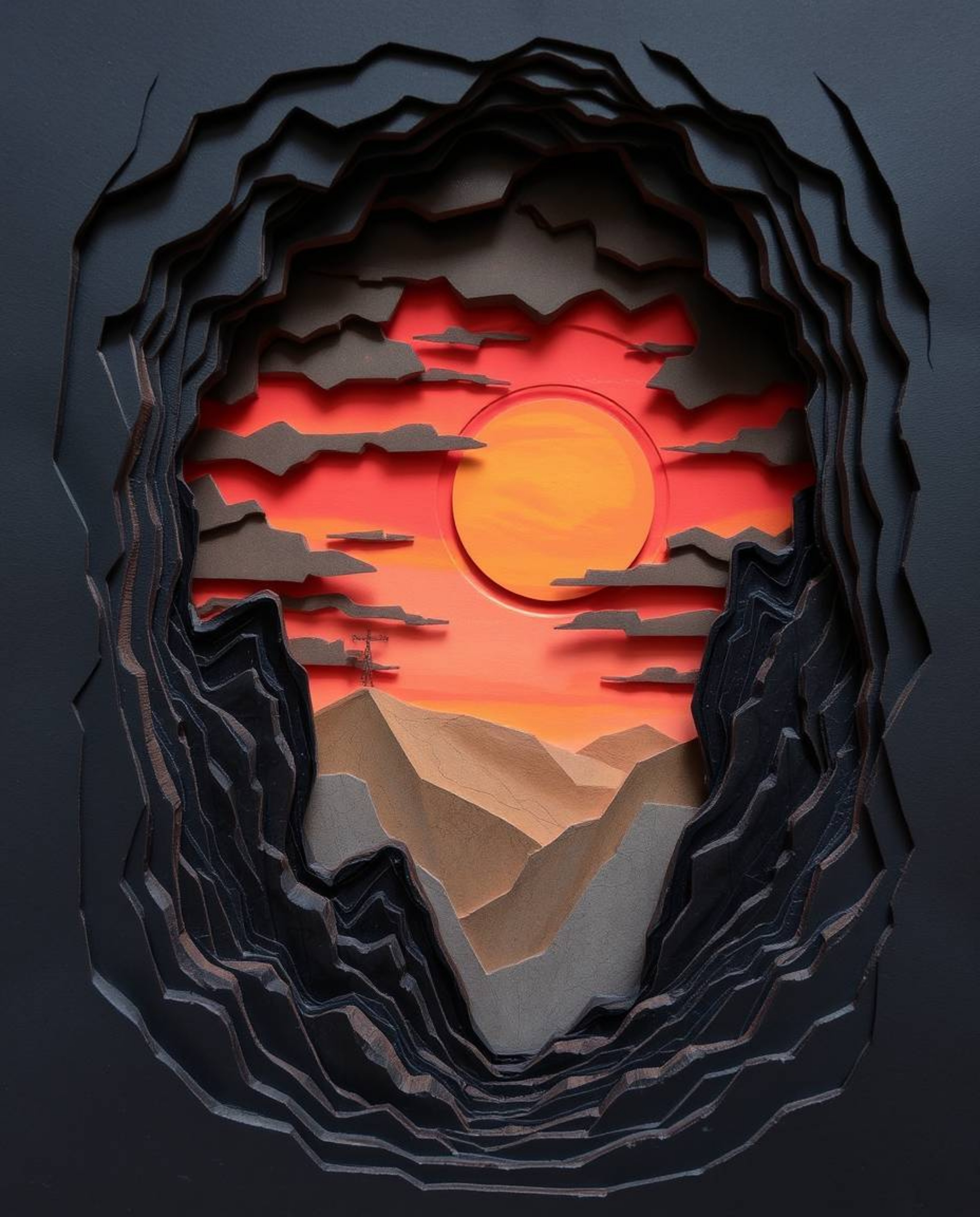 This layered papier-mâché artwork depicts a sunset from a high alpine peak, creating an eerie and creepy atmosphere. The piec