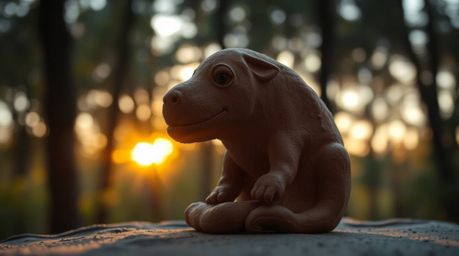 Discover stunning images of sculptural clay artwork bathed in the warm glow of a sunset filtering through a dense forest.  Th