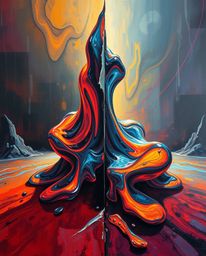 A bold acrylic painting showcasing intense dramatic lighting and a unique split composition. It features surreal 3D fluid sha