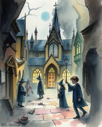 A captivating watercolor painting depicts a magical school brimming with young wizards. Translucent washes and fluid brushst