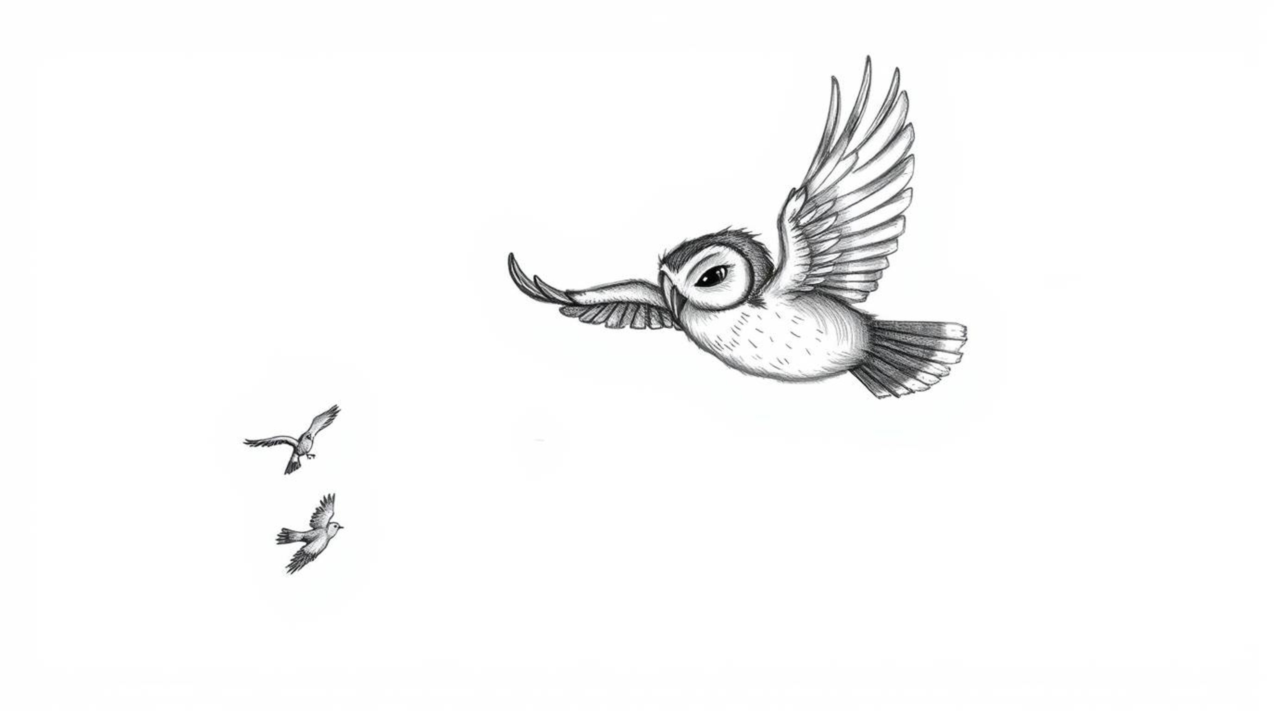 A charming hand-drawn sketch in the style of Pixar showcases a blind owl in mid-flight, remarkably teaching smaller birds how
