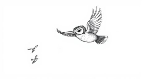 A charming hand-drawn sketch in the style of Pixar showcases a blind owl in mid-flight, remarkably teaching smaller birds how