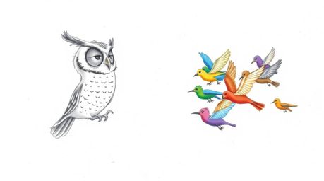 A heartwarming, Pixar-inspired hand-drawn sketch depicts a wise, blind owl with large, expressive ears guiding a vibrant floc