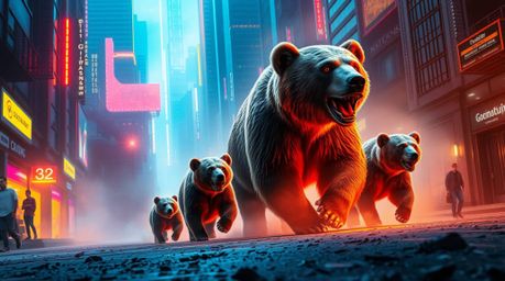 A majestic bear family embarks on an unforgettable urban adventure in a breathtaking scene.  This epic visual features a blen