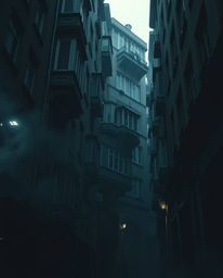 Explore a captivating surreal street scene where buildings defy gravity, folding and twisting into impossible shapes.  The im