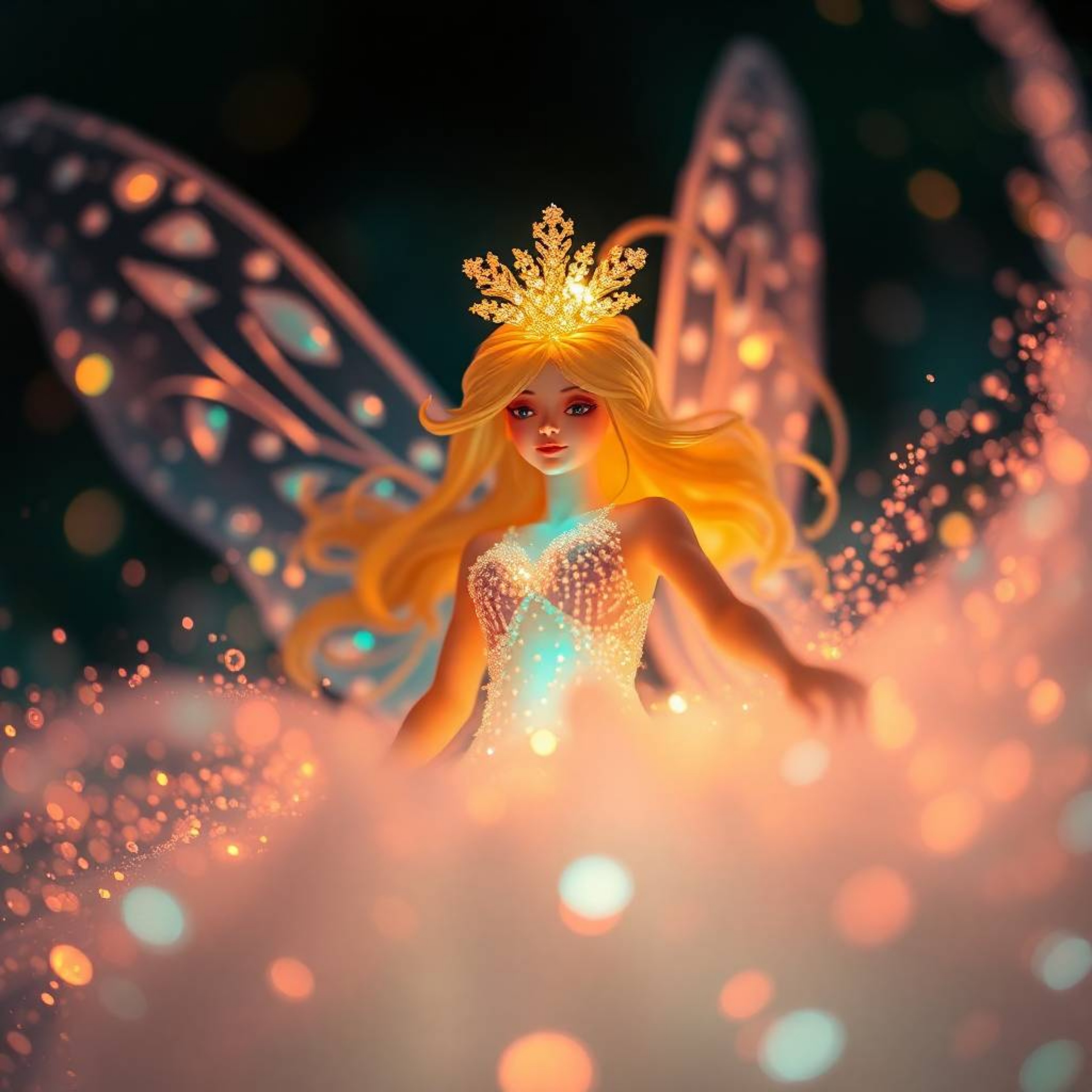 An extreme macro close-up captures a magical moment: a fairy godmother emerging from a swirling vortex of bioluminescent spar