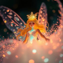 An extreme macro close-up captures a magical moment: a fairy godmother emerging from a swirling vortex of bioluminescent spar