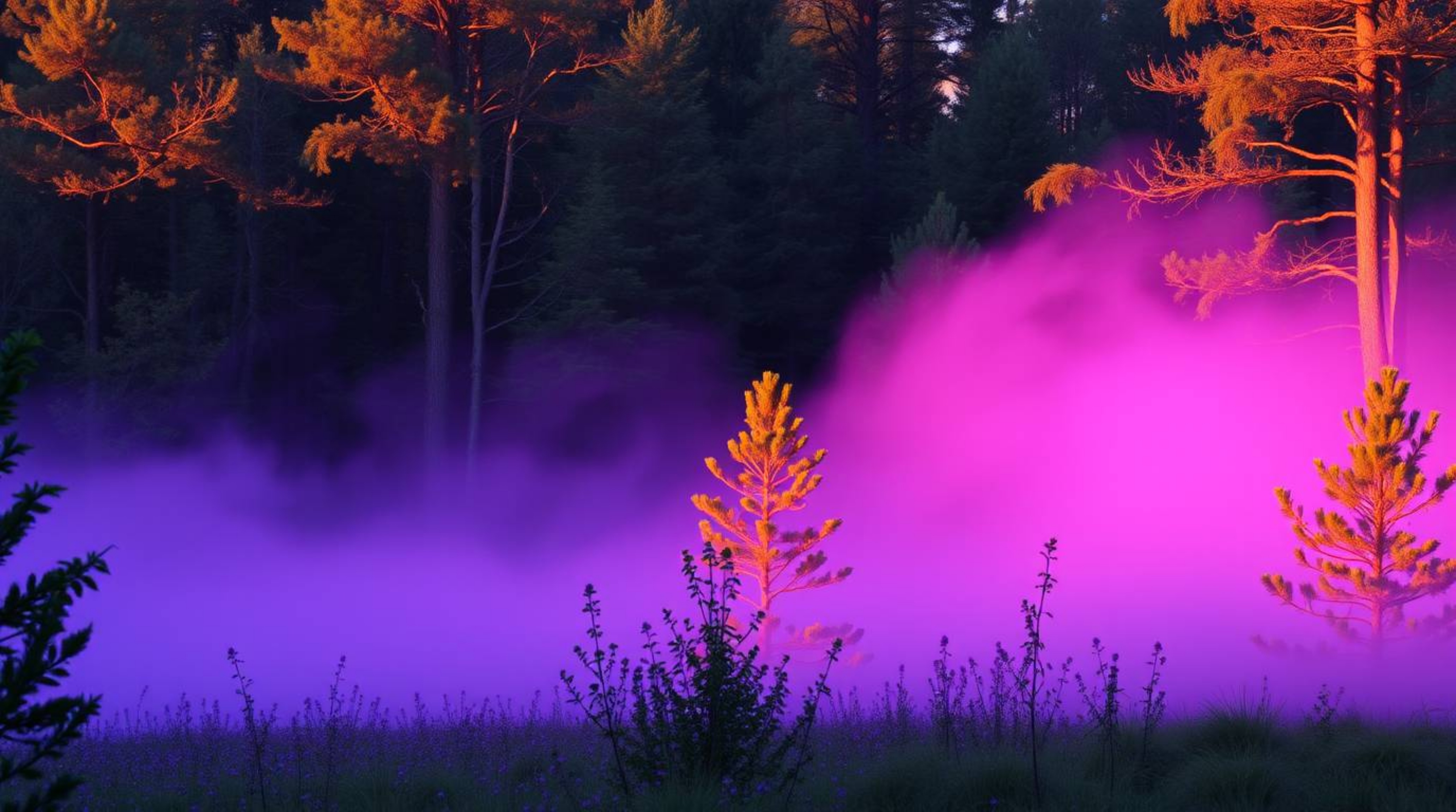 Capture the enchanting beauty of a forest at golden hour with deep ultraviolet mist rising through the trees. This stunning s