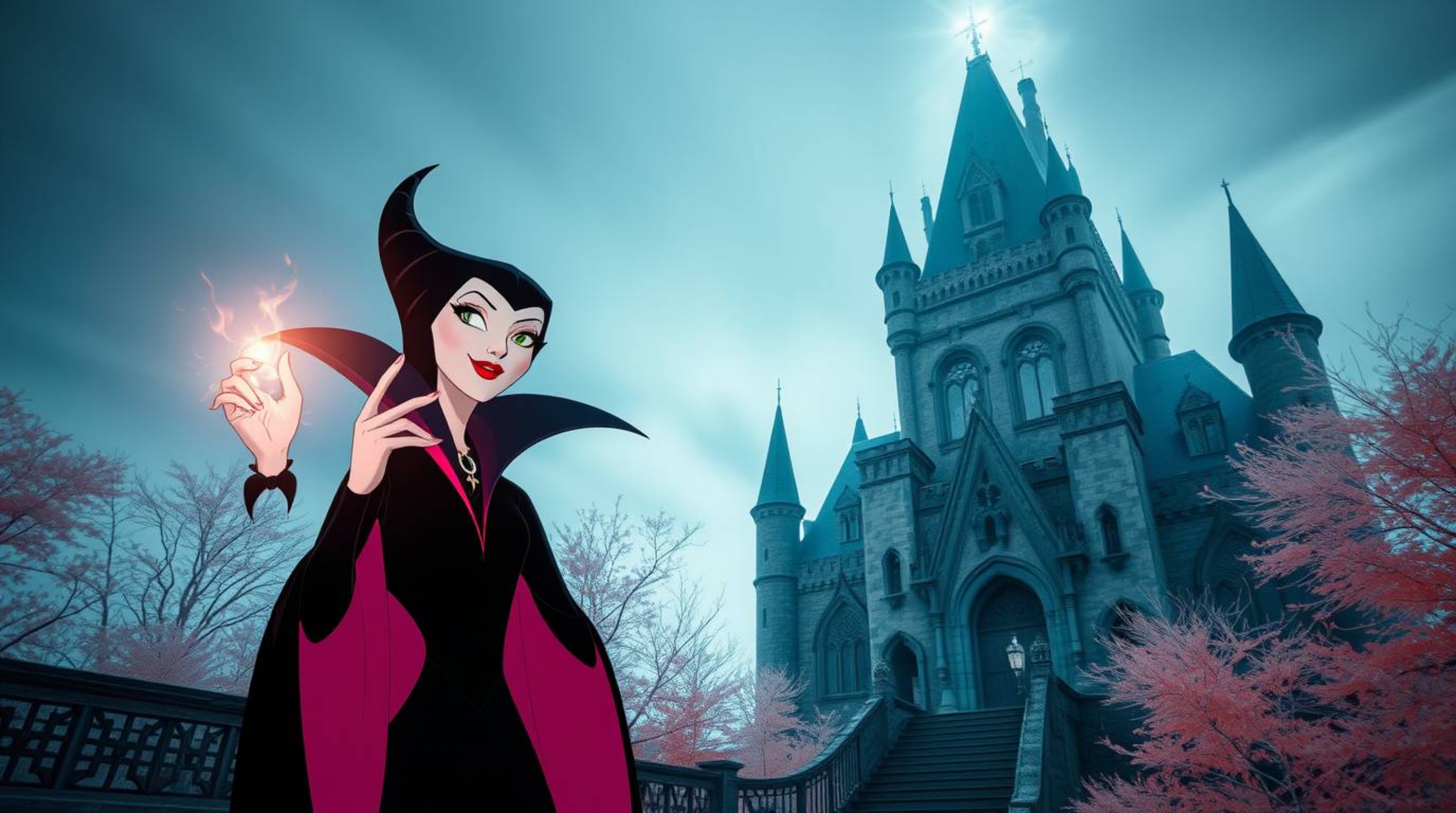 A classic Disney villain, elegant and graceful, casts a spell within the walls of an ancient castle.  This surreal image, cap
