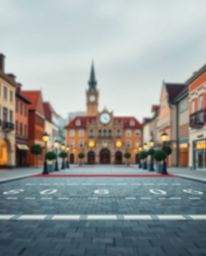 A modern, minimalist flat design illustration showcases an empty town square with ticking clocks.  The image features a blurr