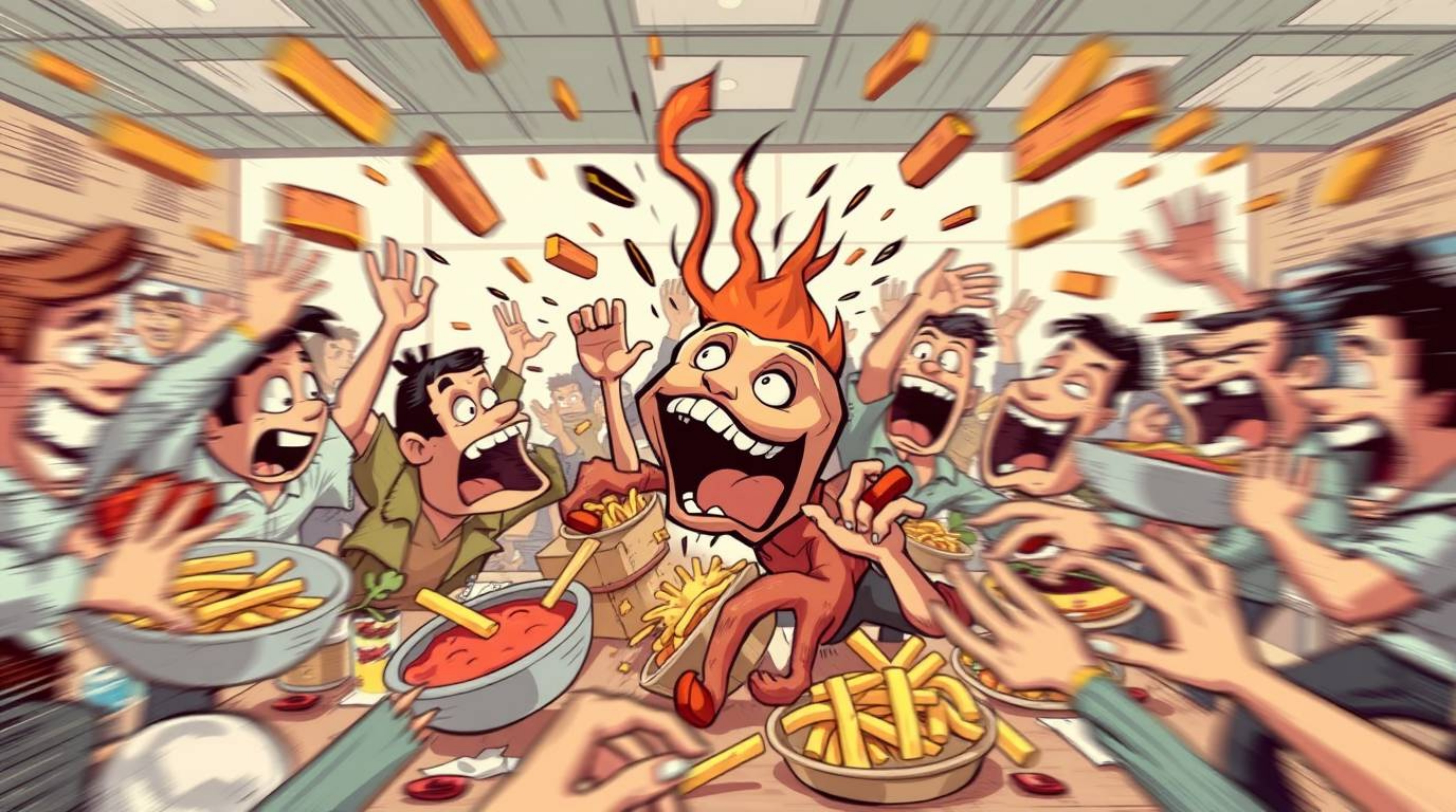 Experience the wild and chaotic energy of a cartoon cafeteria food fight brought to life with blurred lines and dynamic actio