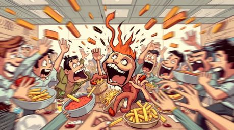 Experience the wild and chaotic energy of a cartoon cafeteria food fight brought to life with blurred lines and dynamic actio