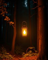 Immerse yourself in the enchanting scene of a glowing lantern illuminating a dark forest. Bathed in the warm golden hour ligh