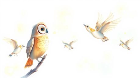 A delicate watercolor painting depicts a blind owl, rendered in a Pixar-style, teaching birds to fly. The translucent washes 