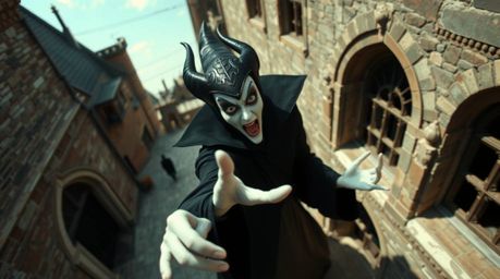 A captivating image in the style of street photography depicts a classic Disney villain, pale-skinned and sharply featured, s