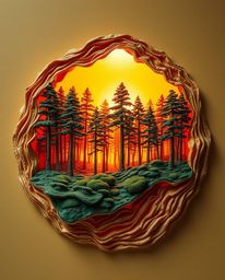 A warm golden glow highlights a layered papier-mâché sculpture, artfully depicting a digital glitch superimposed onto a natur