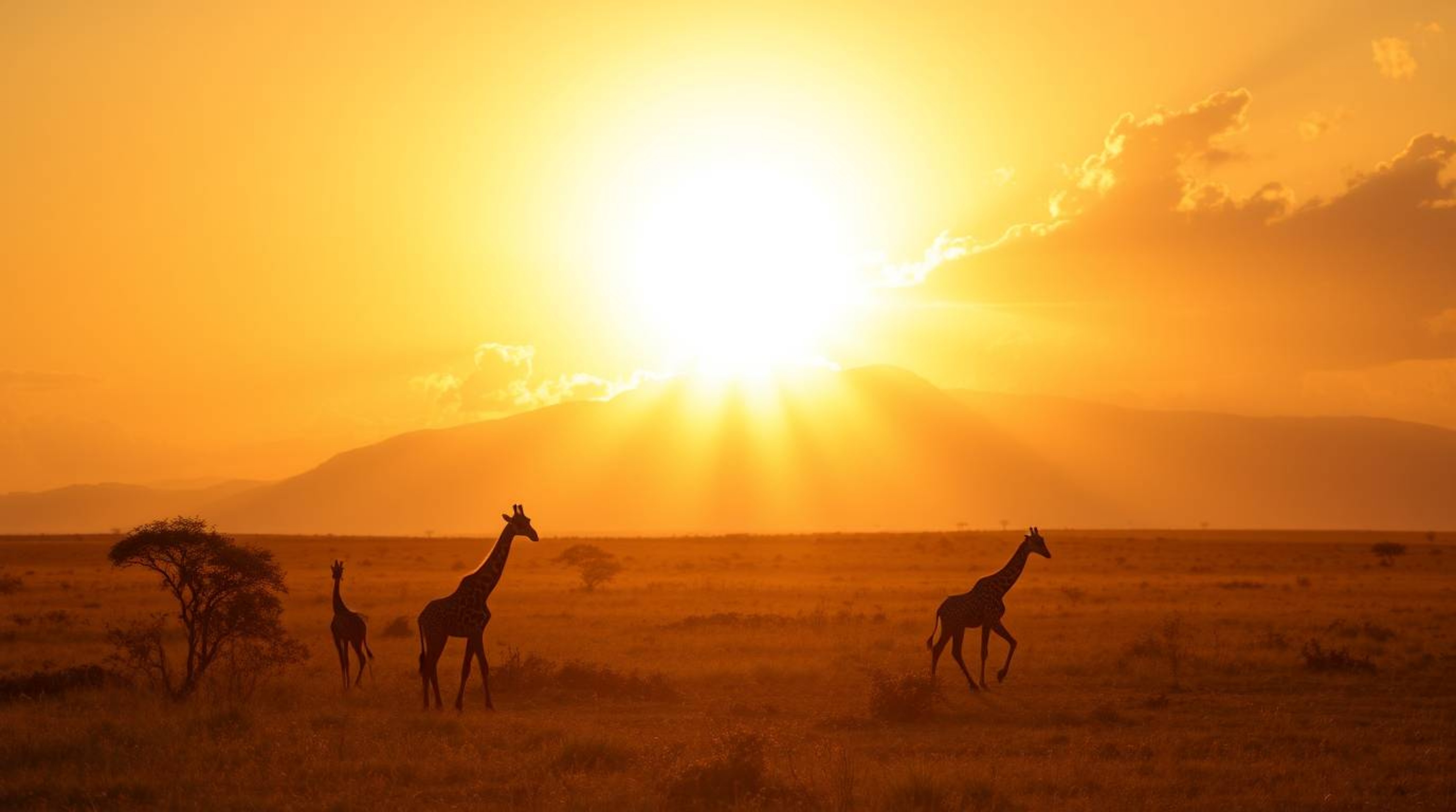 A breathtaking photograph captures the radiant beauty of a sunset over the African savanna. Silhouetted giraffes stand majest