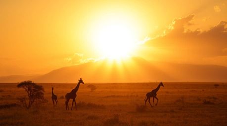 A breathtaking photograph captures the radiant beauty of a sunset over the African savanna. Silhouetted giraffes stand majest