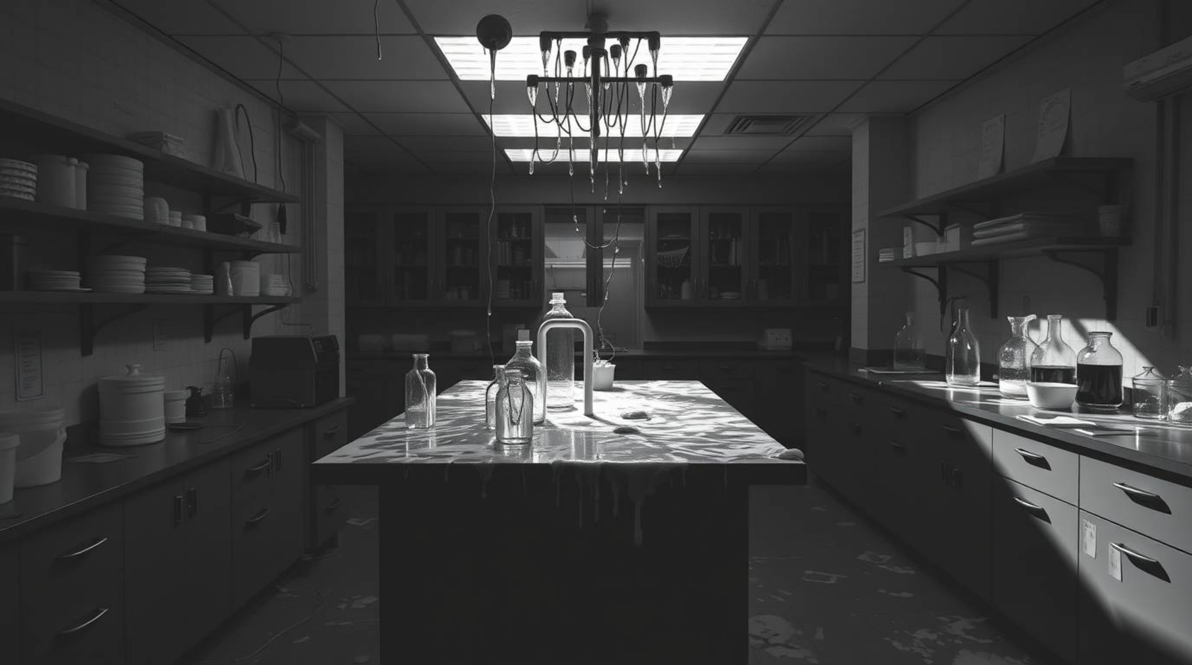 A timeless black and white photograph capturing the eerie beauty of a slime-covered science lab. The image features strong, d