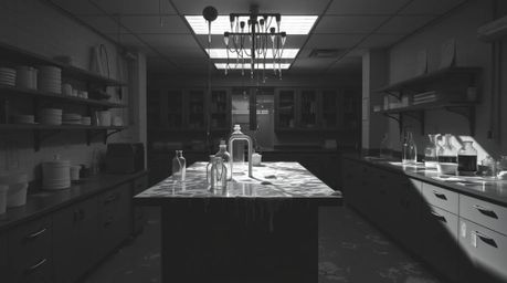 A timeless black and white photograph capturing the eerie beauty of a slime-covered science lab. The image features strong, d