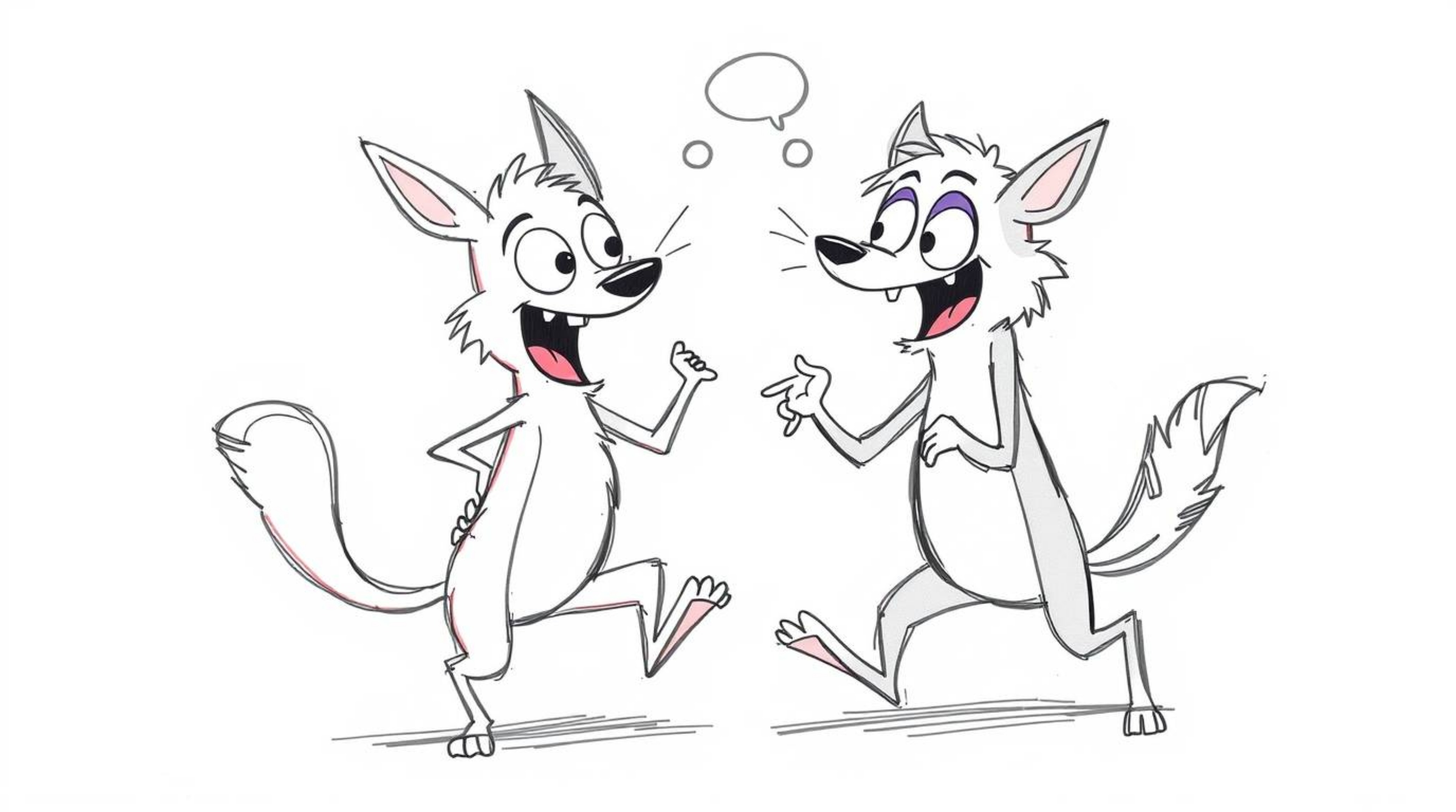 A hand-drawn, color sketchnote depicts two talking animals engaging in mischievous activities. The artwork showcases dynamic 