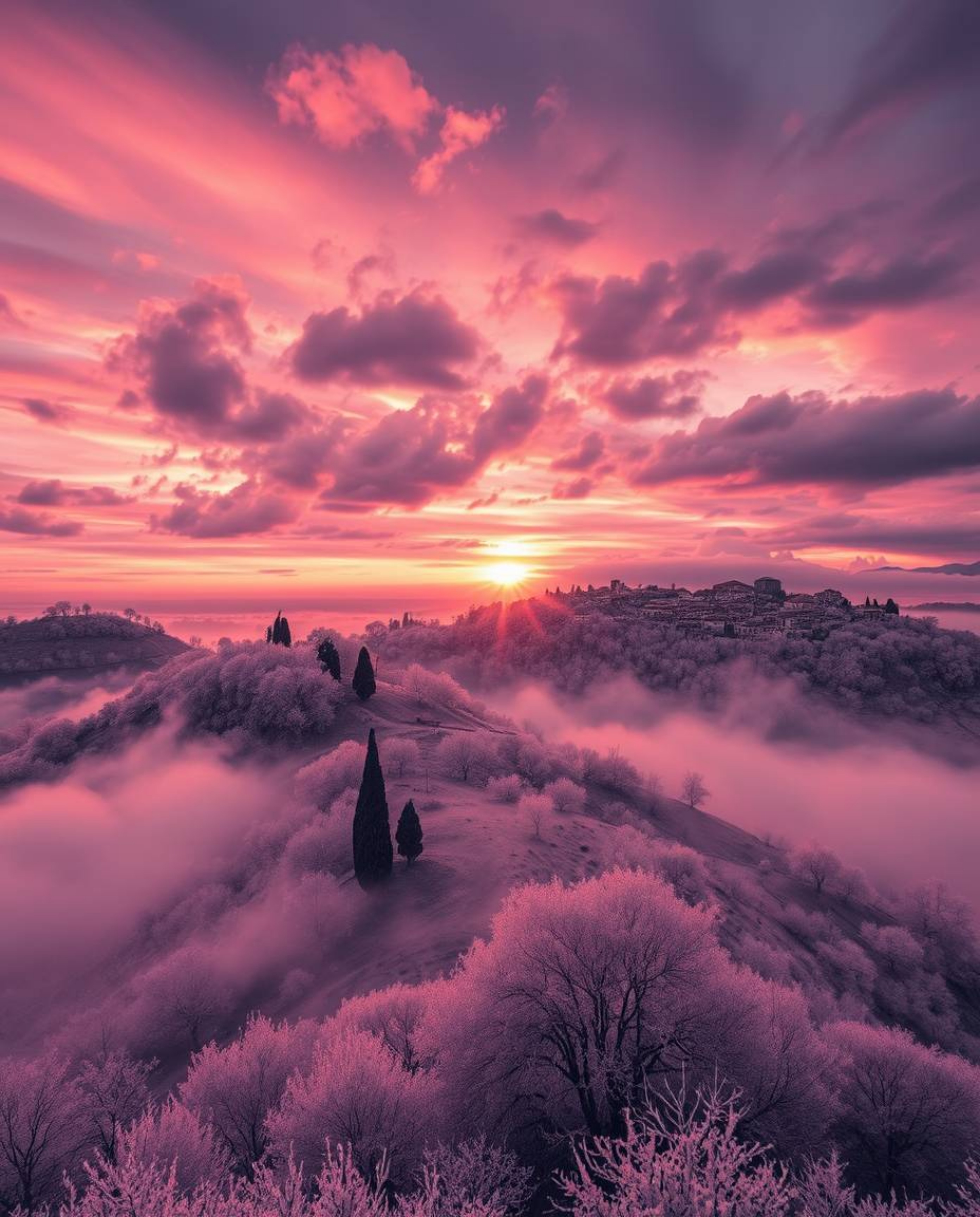 Surreal infrared tones depict a dramatic sunset over misty Tuscan hills with intense weather, an otherworldly appearance, sto
