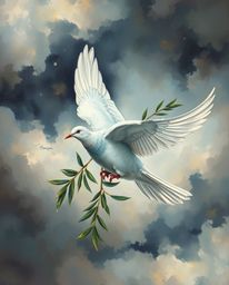 A classic oil painting depicting a dove carrying an olive branch through turbulent, stormy skies. The rich textures and visib