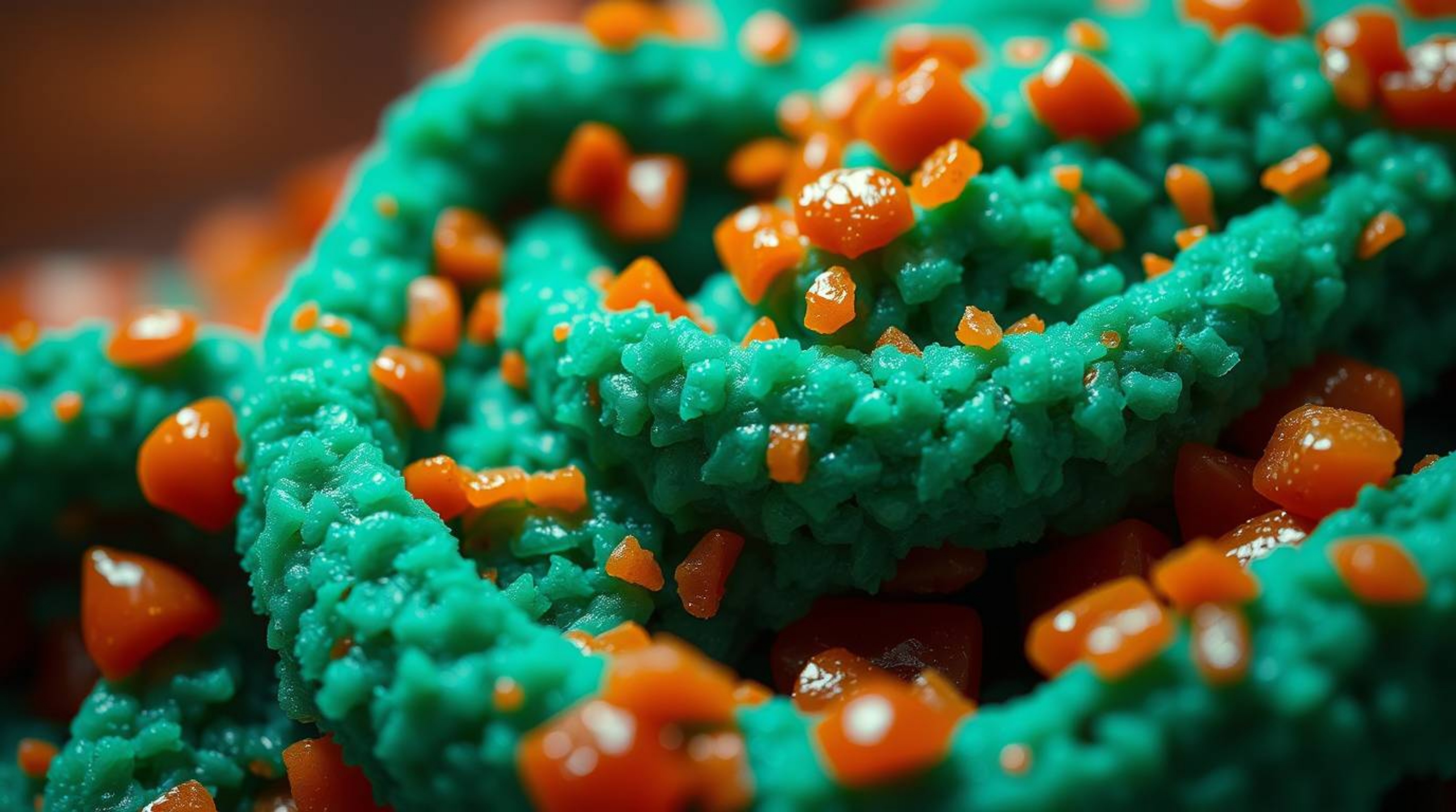 Dive into the chaotic fun of a cartoon cafeteria food fight with this extreme macro close-up. Rendered in rich, deep teal ton