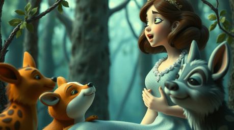 A captivating close-up reveals a bizarre, dreamlike scene in a vintage 2D animation style.  A princess sings alongside forest