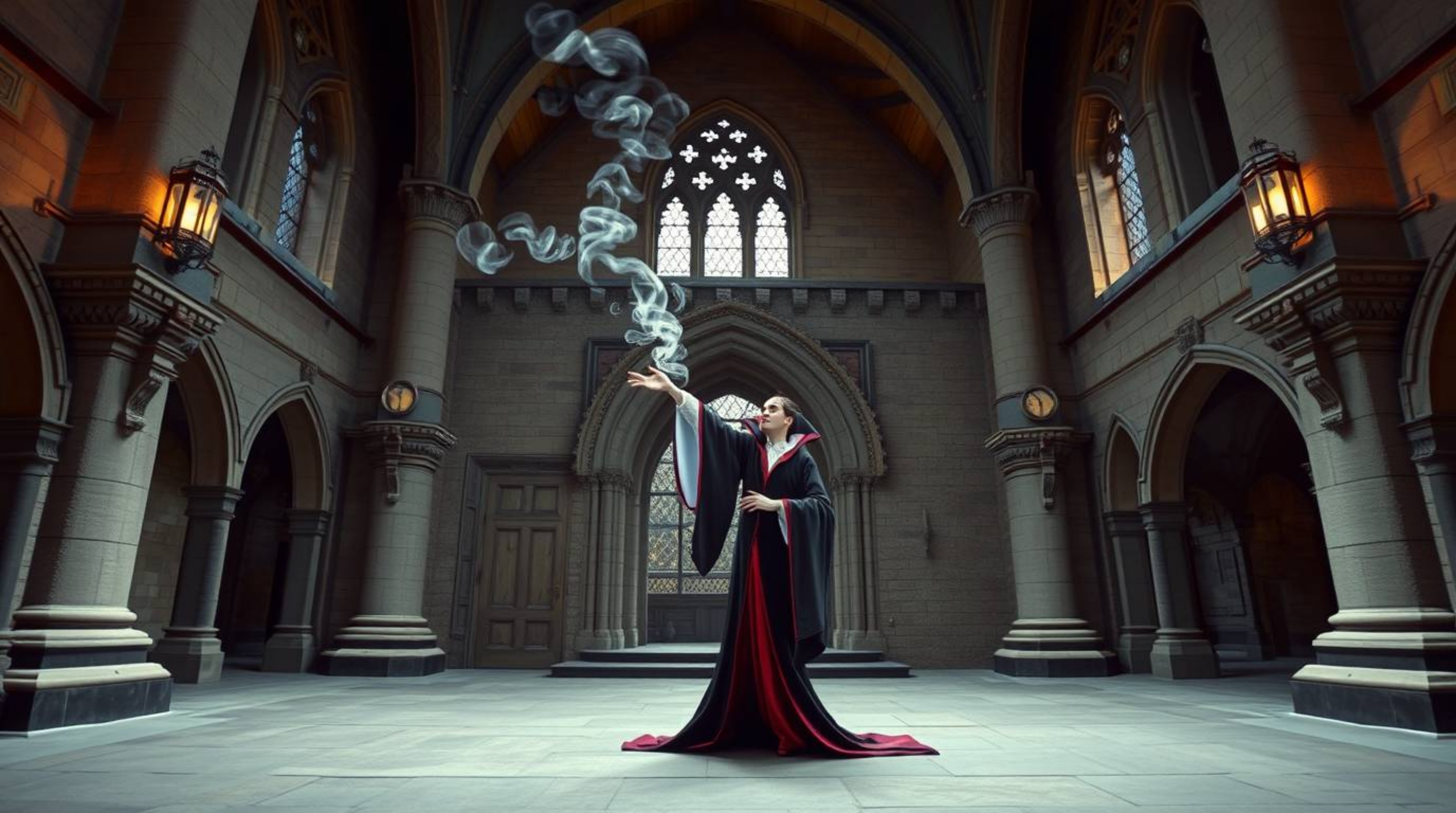 A precise architectural color photograph showcases a classic Disney villain casting a spell within the walls of an aged castl