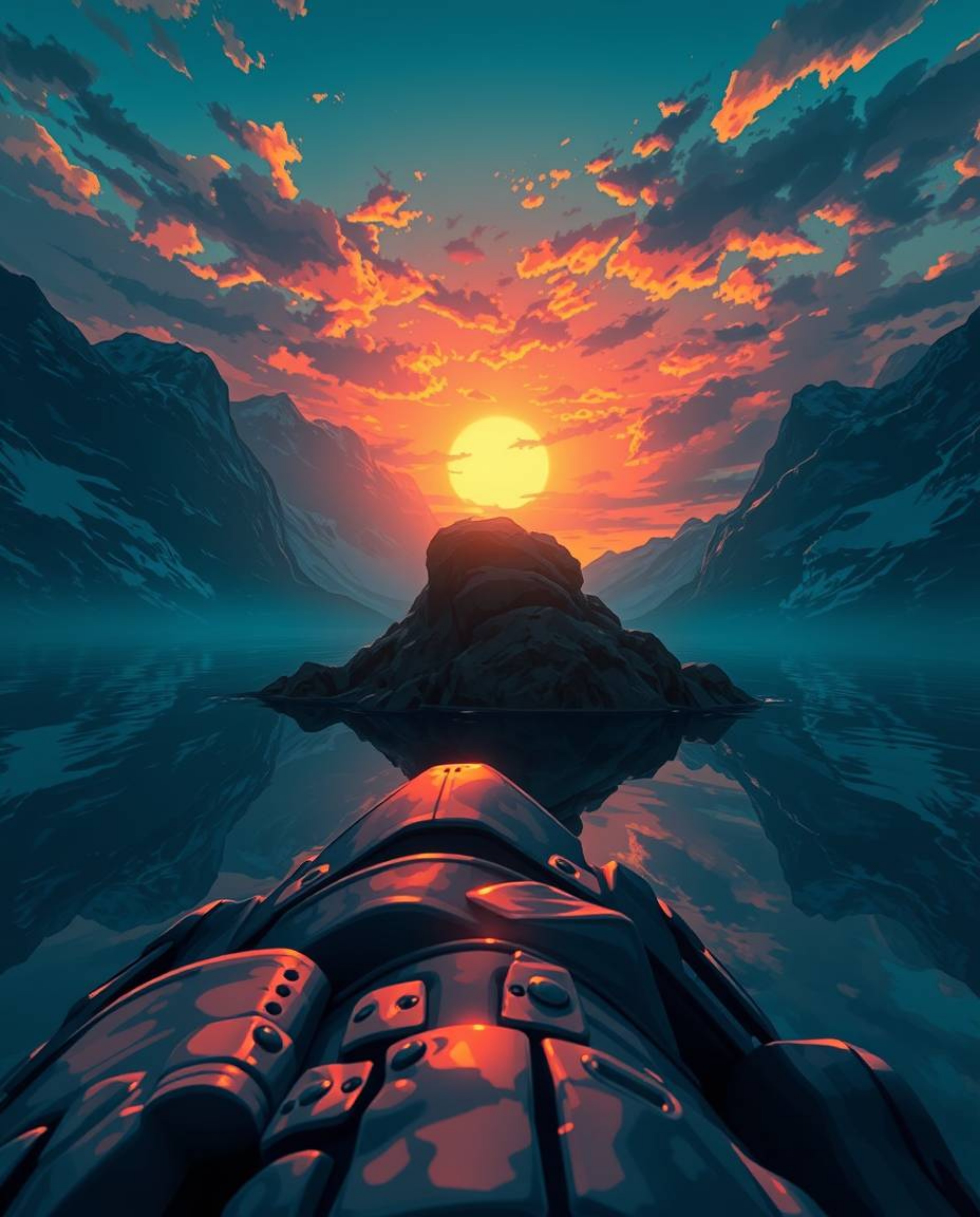 In an Isekai anime style, this artwork captures the reflection of a sunset in a glassy fjord from a low-angle perspective. Th