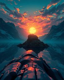 In an Isekai anime style, this artwork captures the reflection of a sunset in a glassy fjord from a low-angle perspective. Th