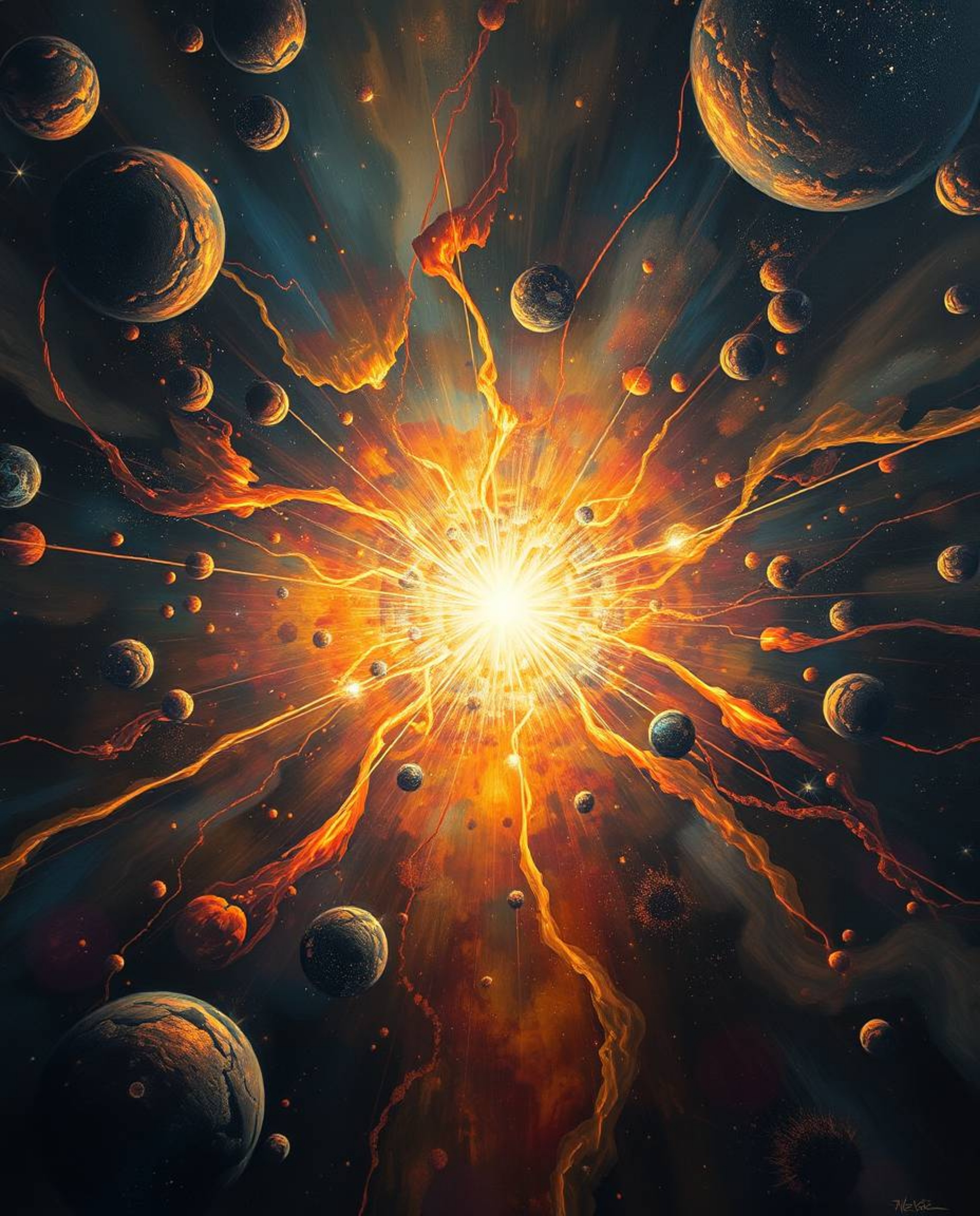 Behold a breathtaking cosmic explosion rendered in the style of a grand oil painting.  Rich textures and vibrant colors depic