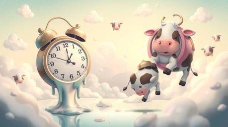 Experience an adorable and cute surreal dreamscape featuring melting clocks and floating cows, beautifully rendered in soft p