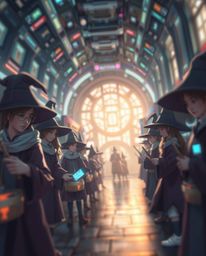 Explore a captivating fusion of magic and technology in this futuristic sci-fi illustration of a magical school brimming with