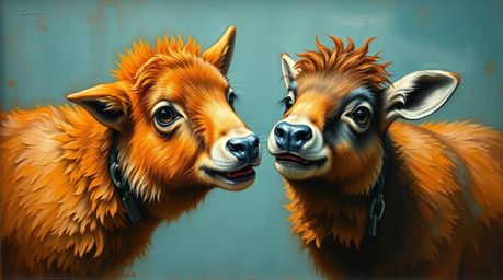 A captivating classic oil painting depicts two talking animals engaging in playful mischief.  The artwork features a warm ter