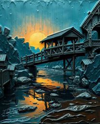 This is a sculpted papier-mâché artwork that captures a wet, rainy scene of an old wooden bridge over a river at sunset. The 