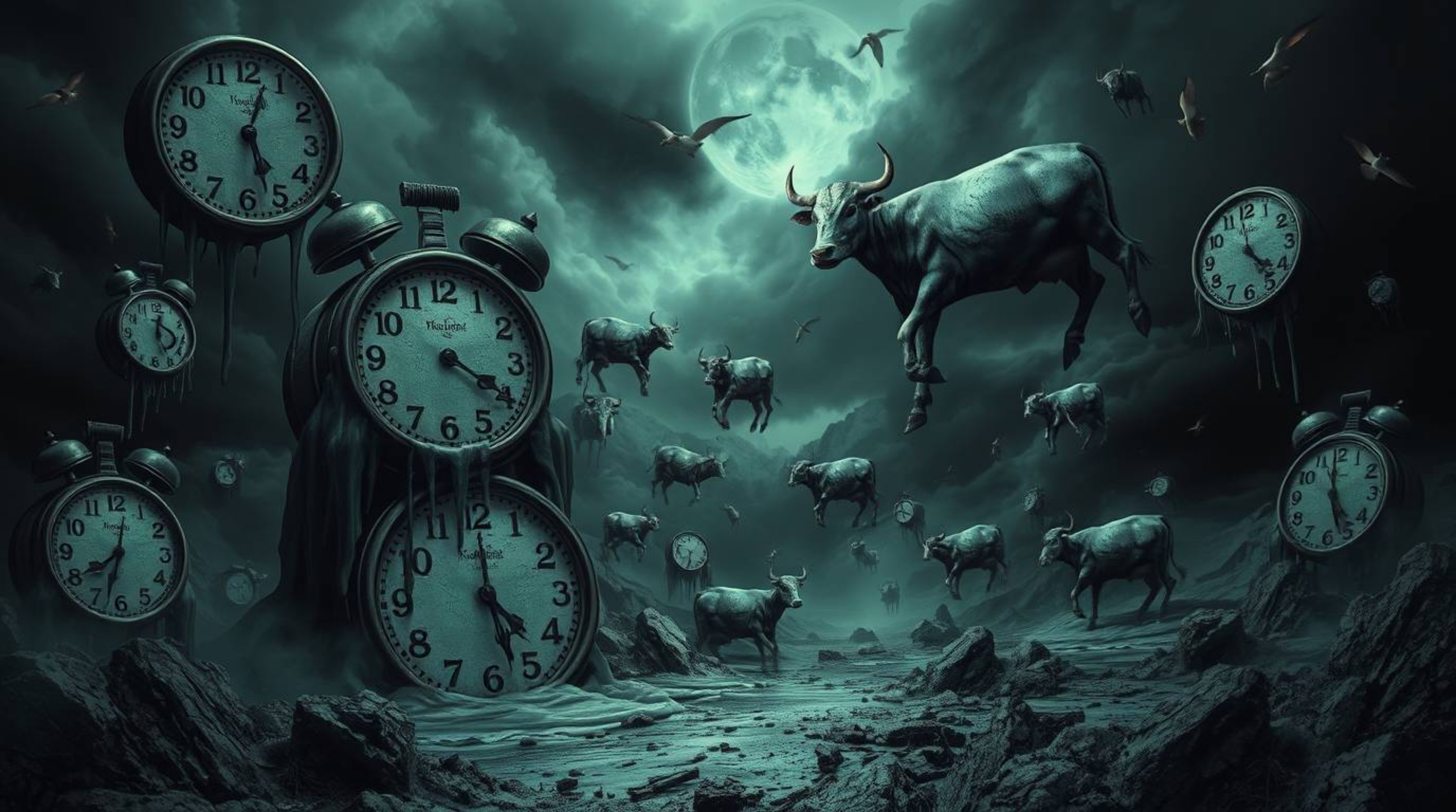 This high-resolution stock photo presents an eerie and creepy surreal dreamscape, featuring the unsettling imagery of melting