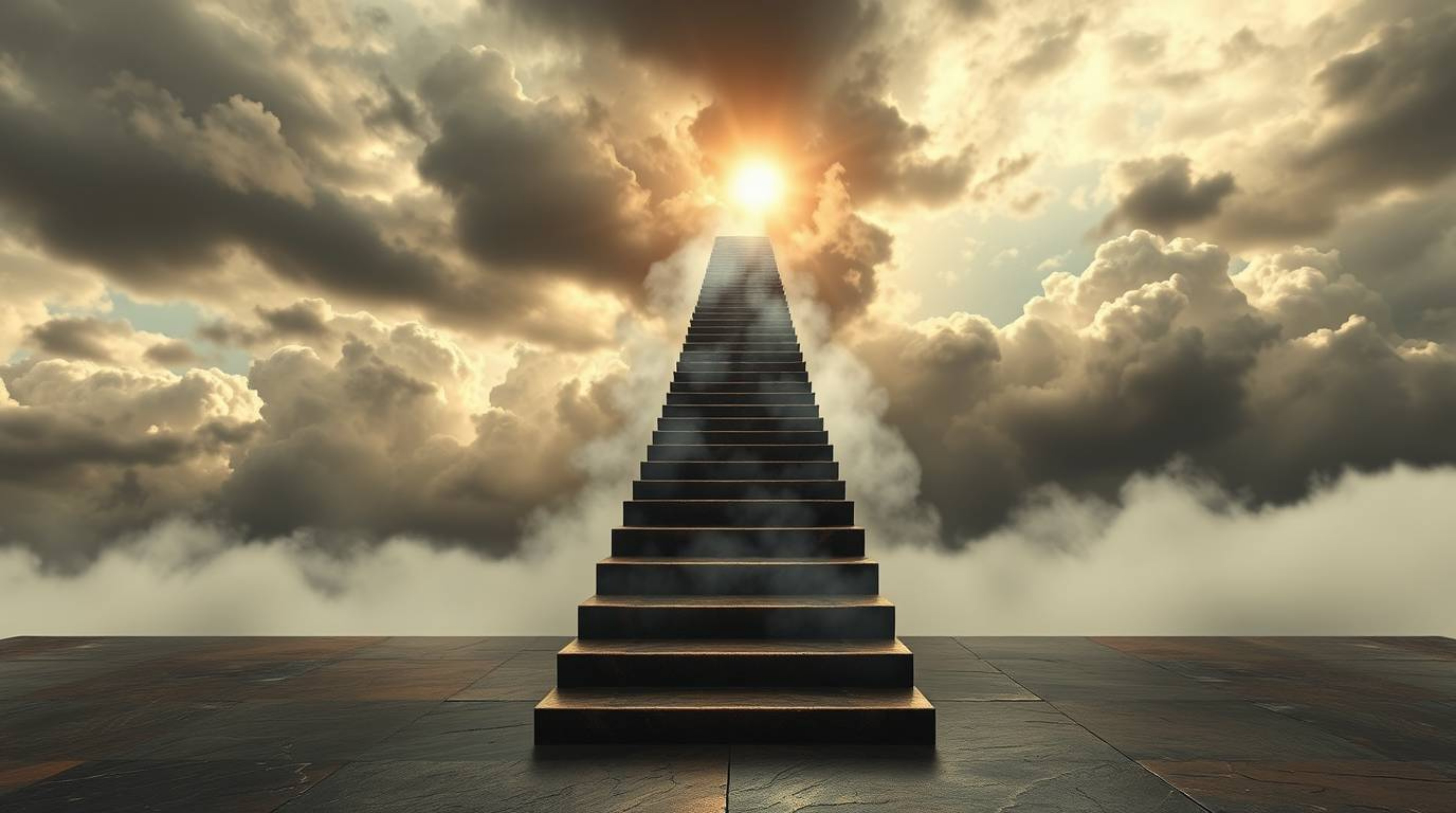 A dramatic and spiritual image showcasing a winding stairway of smoke and light ascending into a vast, cloudy sky. The scene 