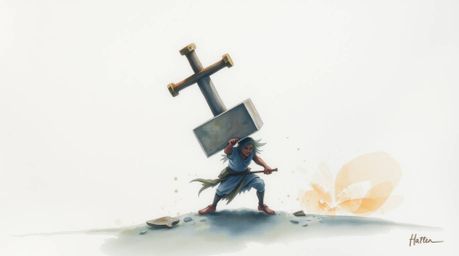 This stunning watercolor painting depicts a precarious scene: an anvil poised to fall upon a trickster character. The artist 