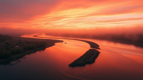 A stunning photograph capturing a winding river bathed in the ethereal glow of a dramatic orange-pink sunset. The image is re