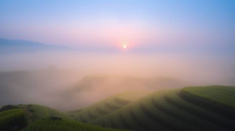 Experience the tranquility of a soft pastel sunset over sprawling rice terraces. Volumetric lighting casts gentle light beams