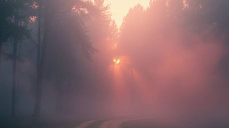 A captivating image showcasing a soft pastel scene of a dense forest bathed in the golden light of a setting sun. Volumetric 