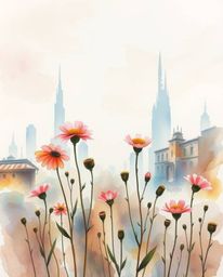 A captivating digital watercolor painting depicts vibrant flowers blooming amidst the ruins of a post-apocalyptic city.  The 